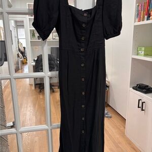 Old Navy Black Linen Puff Sleeve Button Midi Dress